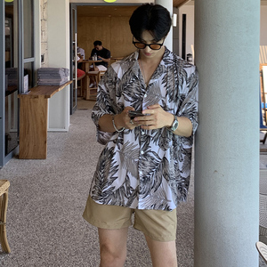 夏季气质冰爽垂感树叶纹短袖衬衫男韩版宽松帅气落肩衬衣CT28-P45图片
