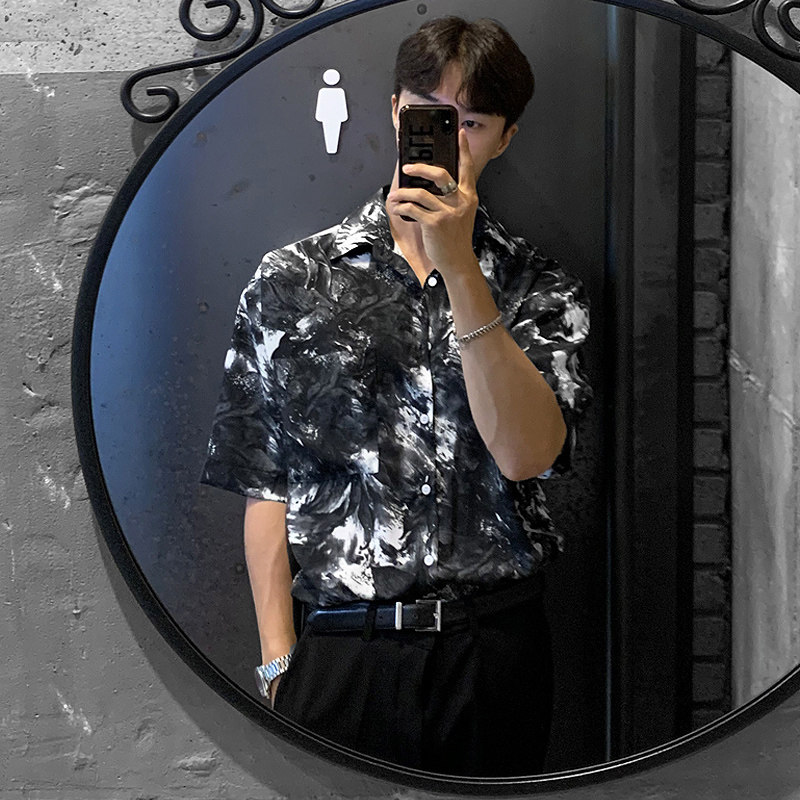 春夏垂感水墨扎染花色短袖衬衫韩版宽松百搭款衬衣CT30-P45，男装衬衫，四季星座713