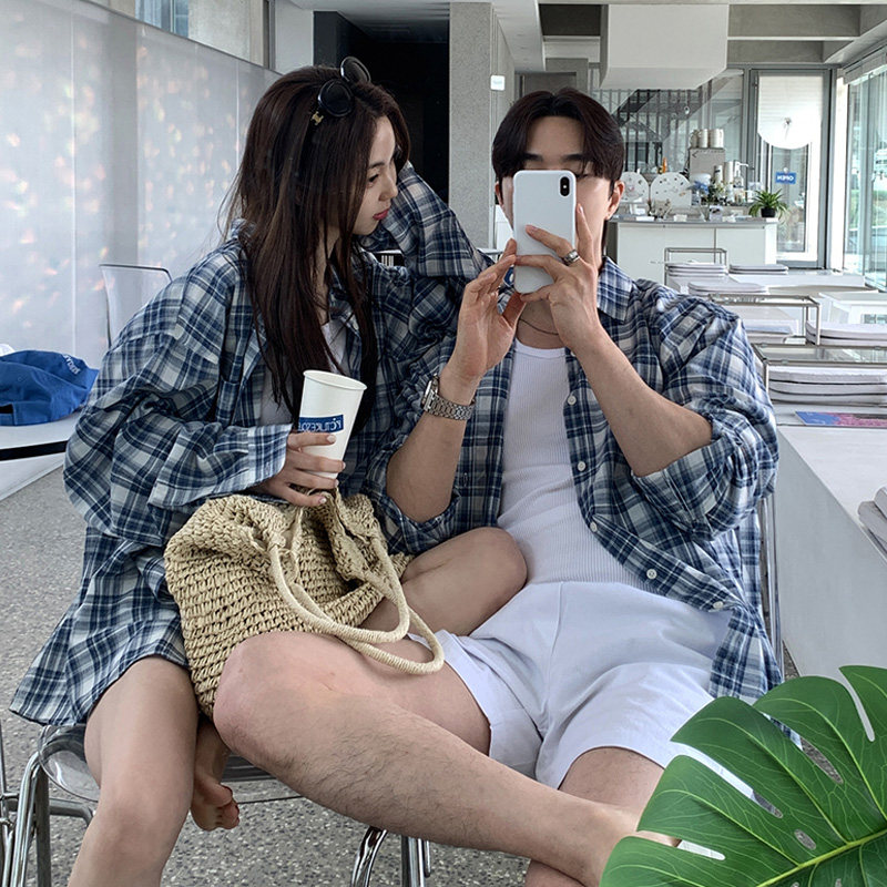 春夏帅气高级感防晒格子长袖衬衫男女韩版宽松情侣衬衣FC172-P45，男装衬衫，四季星座713