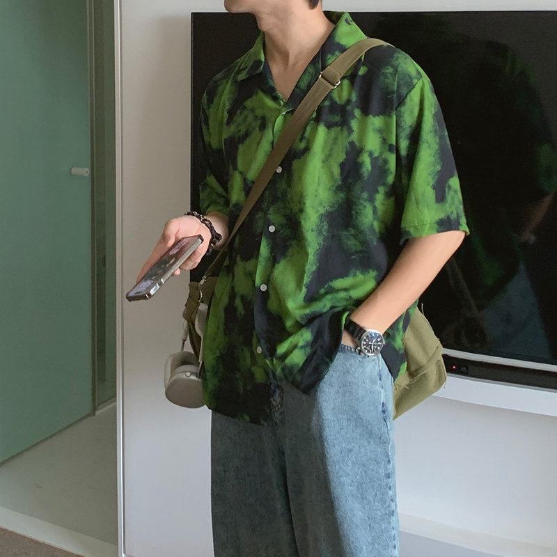 夏季ulzzang扎染垂感夏威夷短袖衬衫男古巴领宽松衬衣CT211-P45，男装衬衫，四季星座713