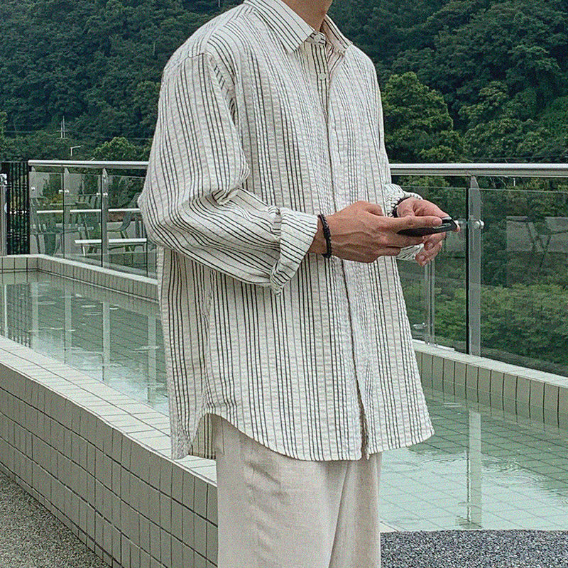 秋季简约气质条纹长袖衬衫韩版宽松落肩休闲衬衣CT81-P55,男装衬衫,四季星座713
