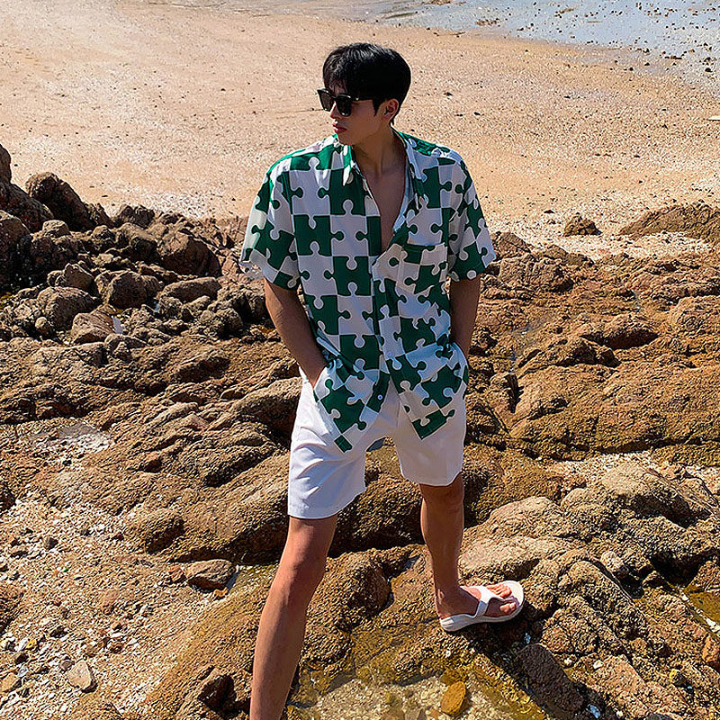 夏季帅气夏威夷垂感格子短袖衬衫男古巴领宽松海边衬衣CT233-P45，男装衬衫，四季星座713