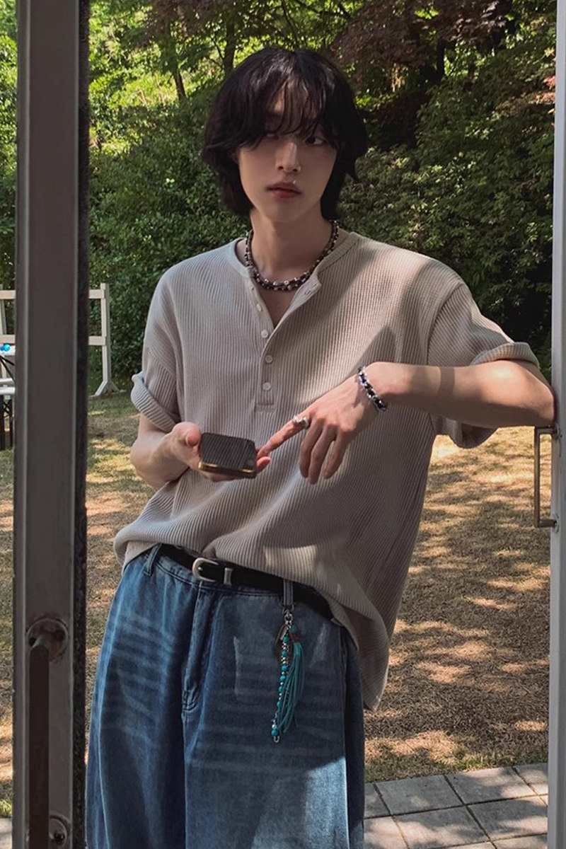 夏季纯棉帅气华夫格清爽短袖T恤韩版宽松落肩半袖打底衫CT191-P38,男装T恤,四季星座713