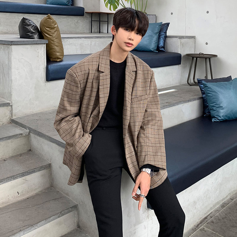 春季帅气格子西装韩版宽松落肩潮流西服休闲外套FC510-P98，男装西服，四季星座713
