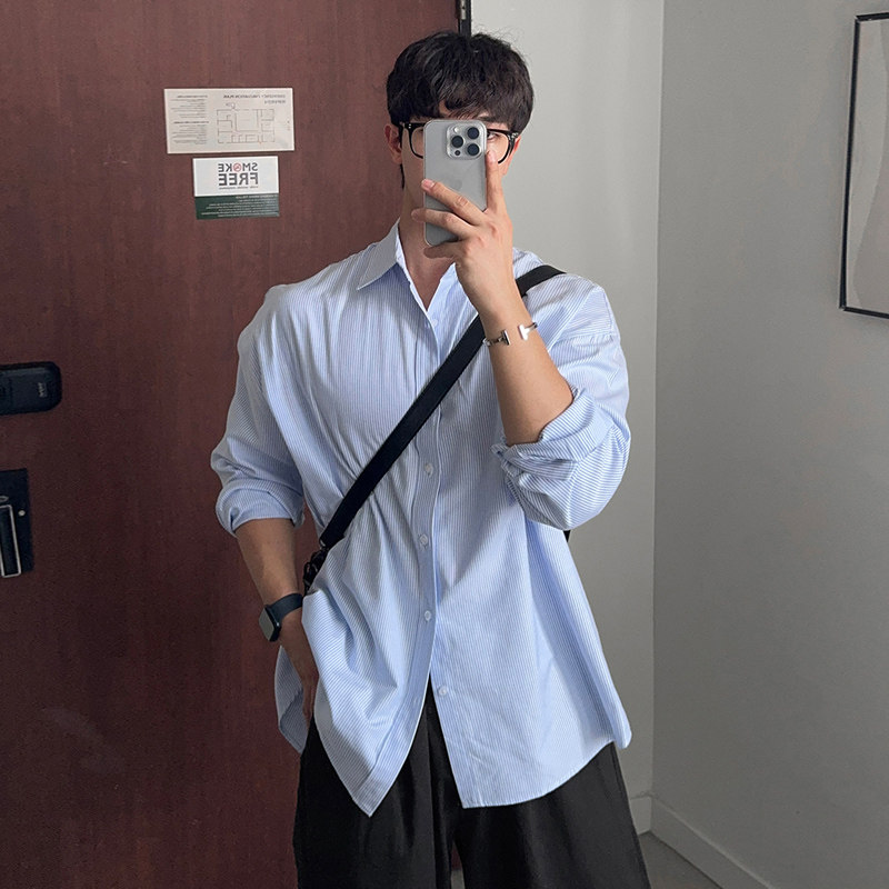 秋季新品高级感帅气竖条纹长袖衬衫男韩版宽松ins潮衬衣FC117-P55，男装衬衫，四季星座713