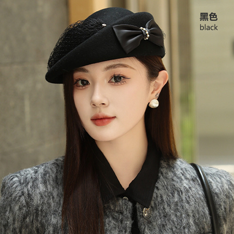 法式澳洲羊毛呢时装帽子女秋冬毡帽网纱晚宴礼帽蝴蝶结贝雷帽