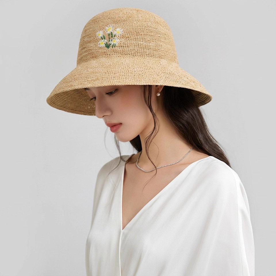 法式细拉菲草大檐防晒渔夫帽女