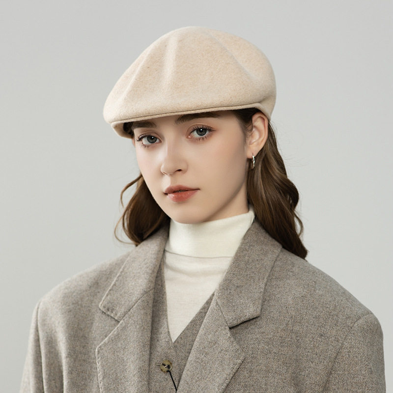 韩版字母羊毛贝雷帽秋冬前后戴前进帽时尚纯色女士八角毛呢鸭舌帽