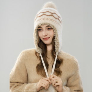 毛绒毛球帽女冬加绒护耳针织兔毛帽防风保暖雷锋帽防寒东北户外