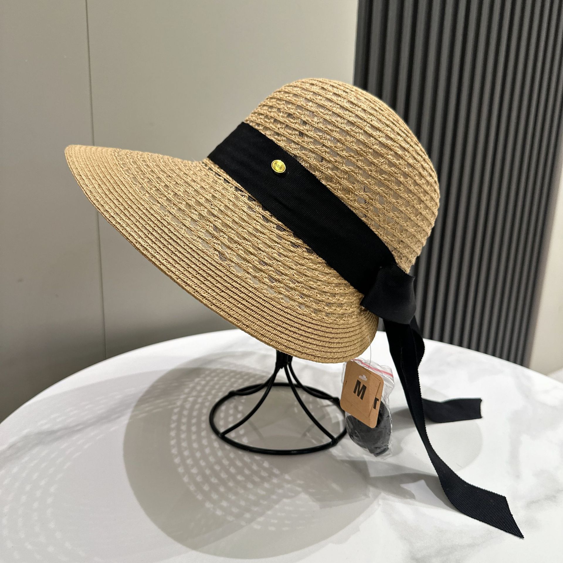 夏镂空草帽后空女法式蕾丝飘带蝴蝶结大檐遮阳海边度假防晒鸭舌帽
