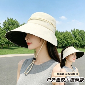 新款夏季黑胶遮阳防晒帽户外休闲百搭女防紫外线大帽檐防风绳大檐
