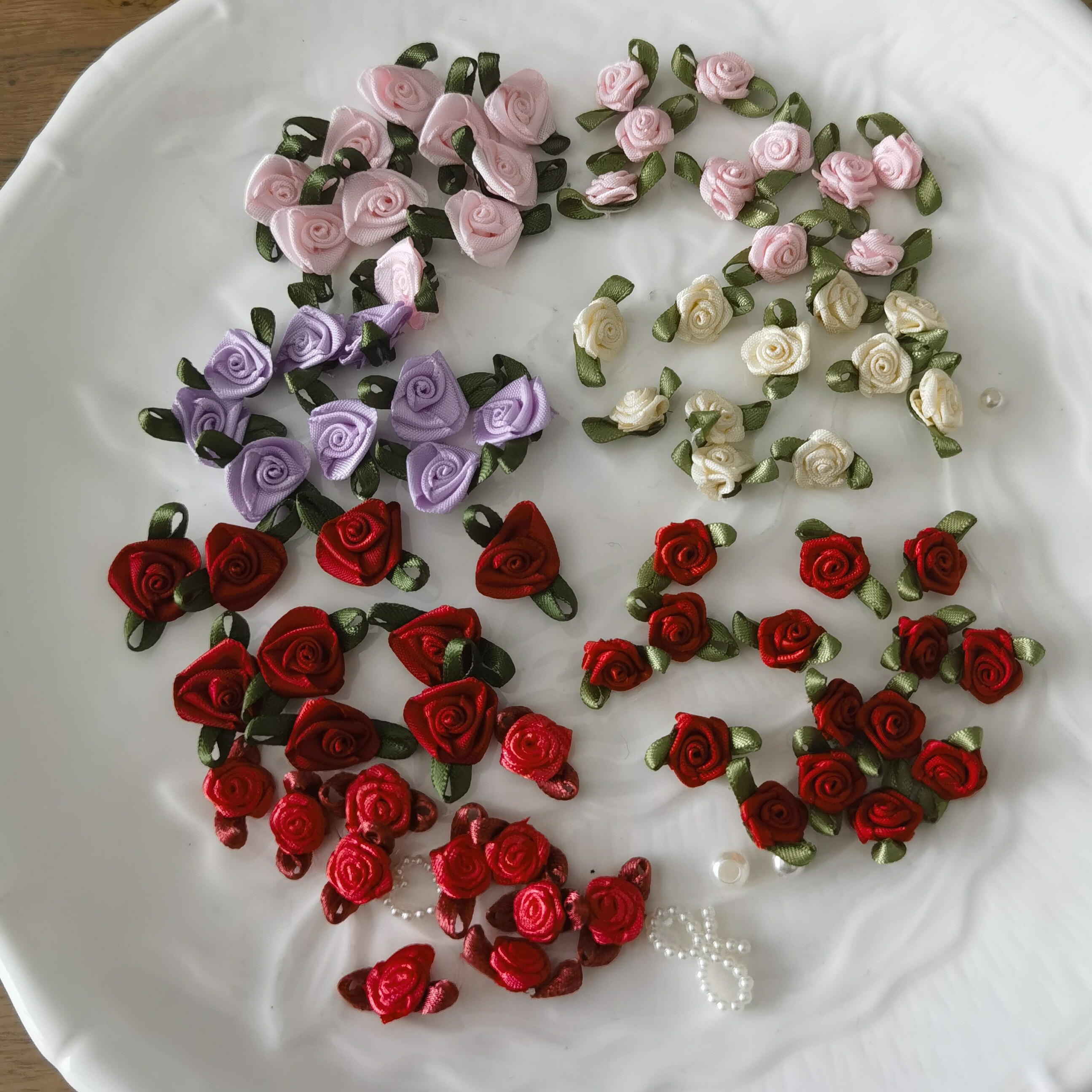 10个带叶玫瑰花复古缎带小花朵裙子装饰3分4分娃裙辅料diy配件