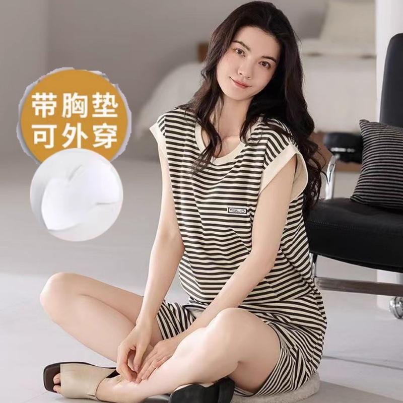 睡衣女士夏季坎肩无袖背心短裤套装自带胸垫一体系女式休闲家居服