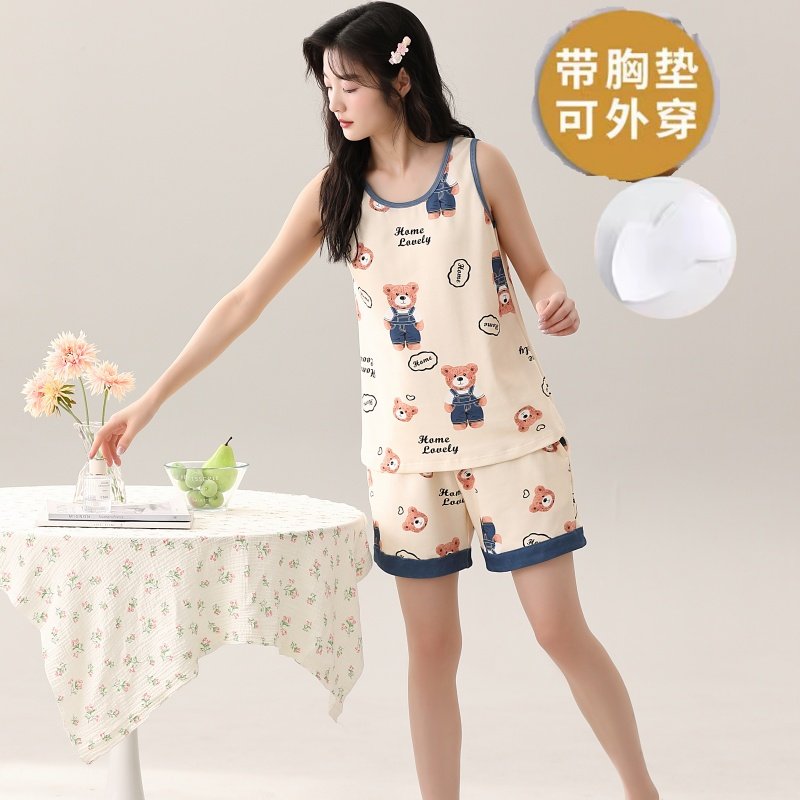 带胸垫背心睡衣女士夏季短裤套装纯棉无袖可外穿小个子卡通家居服