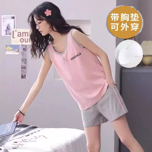 女士夏季睡衣背心短裤带胸垫套装