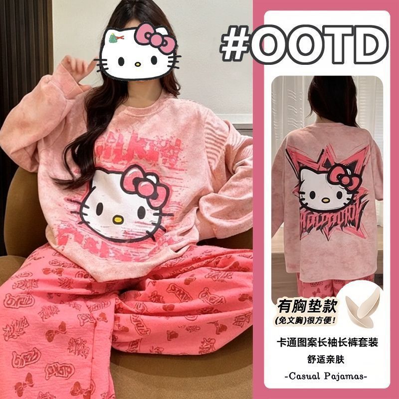 可外穿带胸垫长袖睡衣套装卡通女