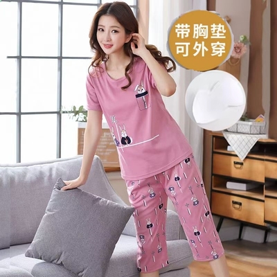 可外穿女士纯棉睡衣带胸垫七分裤