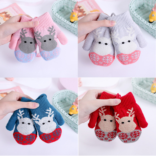 儿童冬挂脖手套男童女童可爱卡通0岁3岁针织全包连指加厚防寒手套