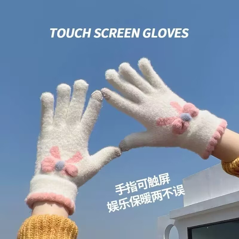 保暖手套女秋冬季可爱韩版ins学生骑车行蝴蝶结针织毛线五指防寒