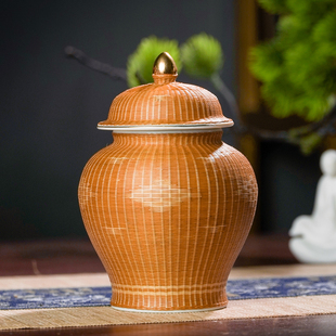 邱师傅竹木GZ016竹丝扣瓷将军罐500毫升茶叶罐存茶罐陶瓷储茶罐