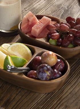 邱师傅竹木PZ050胡桃木双格果盘实木圆形木盘点心少儿零食水果盘