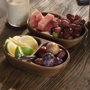 邱师傅竹木PZ050胡桃木双格果盘实木圆形木盘点心少儿零食水果盘