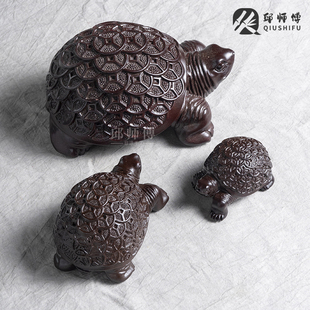 邱师傅竹木黑檀木金钱龟茶宠乌龟实木雕刻茶室客厅玄关办公室摆件