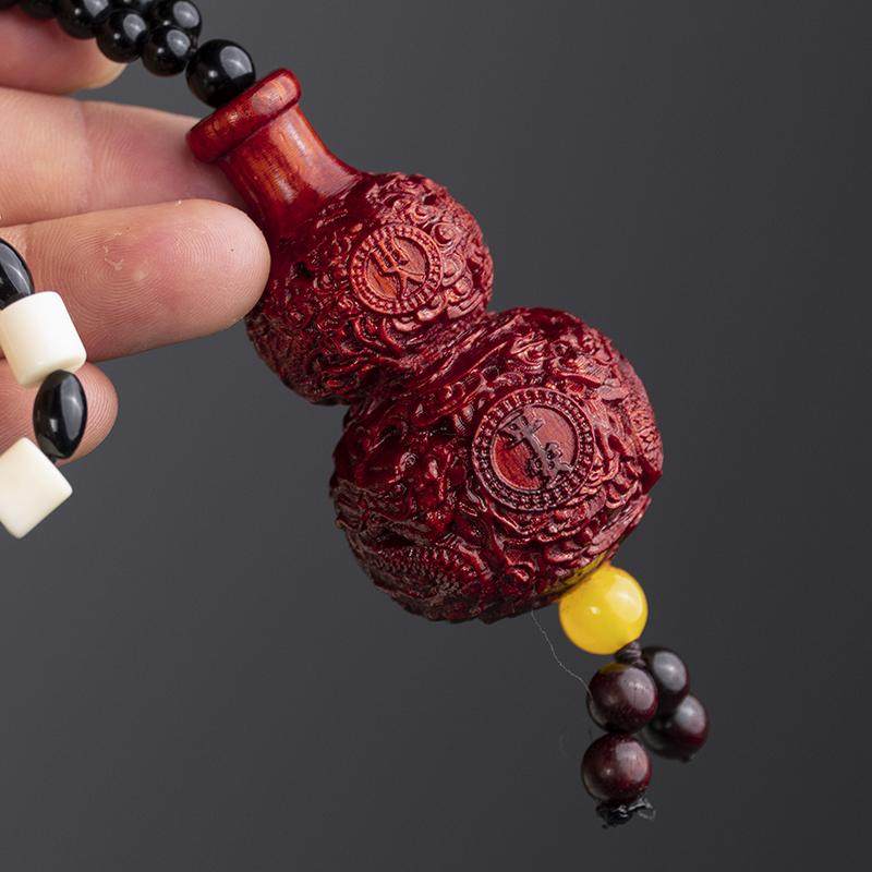 紫檀木雕刻出入平安葫芦挂件手把