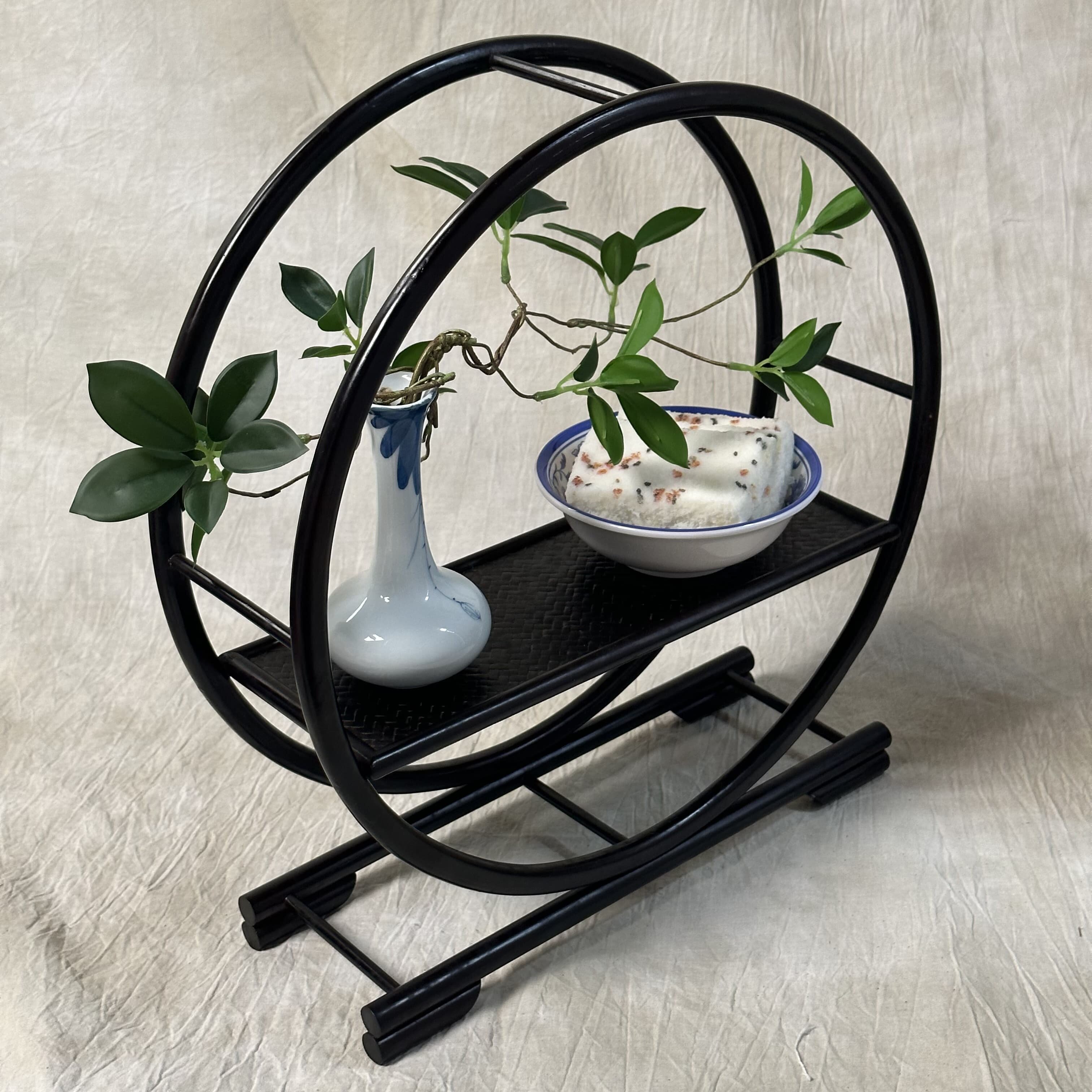 邱师傅竹木桌面茶杯架子圆形茶具收纳架茶桌上茶壶置物架博古架子