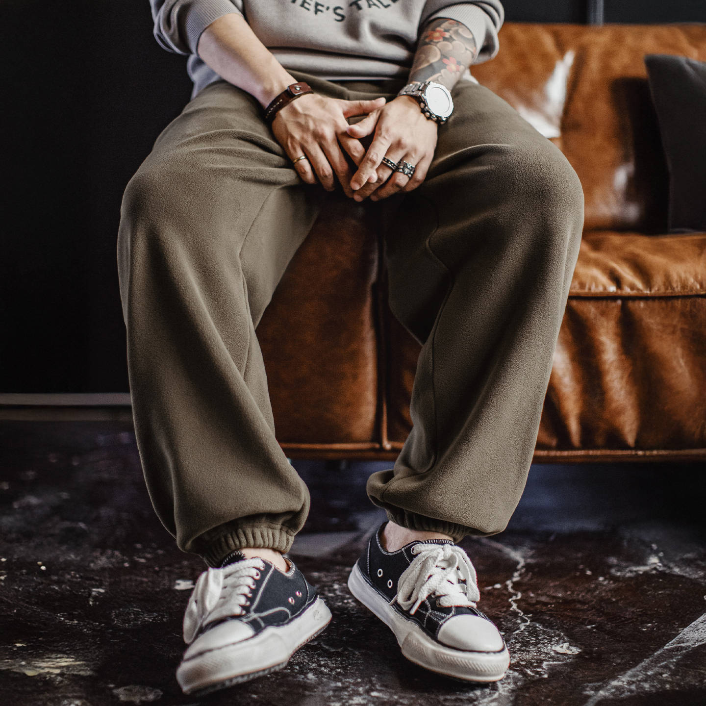 马登工装美式复古摇粒绒卫裤加绒保暖棕色美拉德束脚休闲裤男秋冬