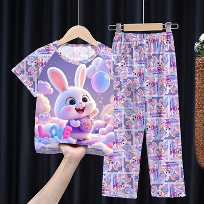 批发儿童睡衣春夏季短袖长裤男童套装卡通长耳兔女公主薄款家居服