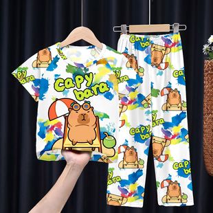 跨境儿童睡衣春夏季短袖长裤男童哪吒睡衣卡通套装薄款女孩家居服