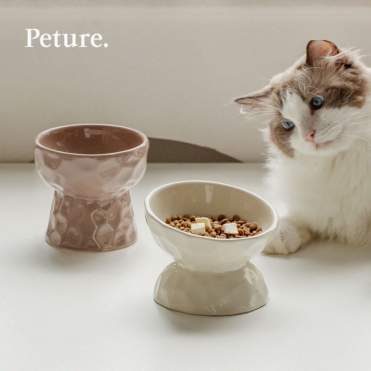 Peture猫碗陶瓷高脚锤纹猫咪碗护颈猫食盆狗狗水饭碗防打翻宠物碗