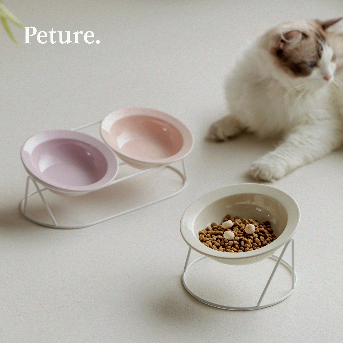 Peture斜口陶瓷猫碗双碗高脚护颈防打翻猫食盆零食猫粮食碗喂水碗