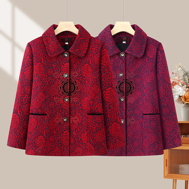 中国风中老年春款女装翻领纽扣外套妈妈装喜庆红色大码奶奶上衣