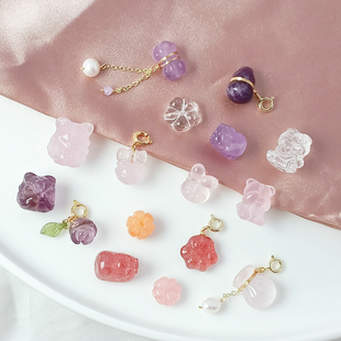 天然水晶九尾狐貔貅醒狮兔耳直孔散珠DIY葫芦钱袋猫爪弹簧扣吊坠