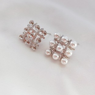 强保色白金色镶嵌锆石九宫格珍珠空托S925银耳针耳饰手工DIY饰品