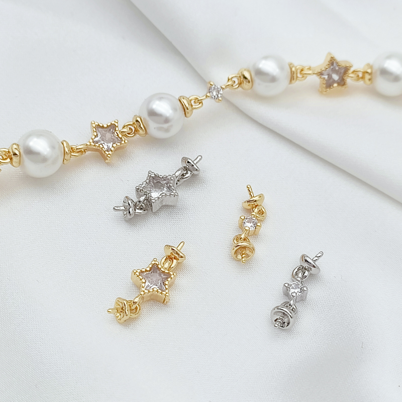 强保色14K包金白K镶锆五角星珠托