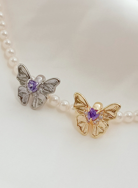 强保色包金微镶锆石紫色蝴蝶排扣隔珠手工DIY手链项链饰品配件