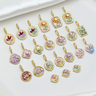 法式莫奈花园油画14K保色复古花朵项坠DIY扣头巴洛克淡水吊坠配件