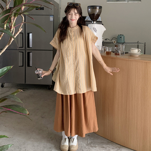 大码女装胖mm日系慵懒风条纹宽松显瘦复古条纹衬衫九分阔腿裤套装