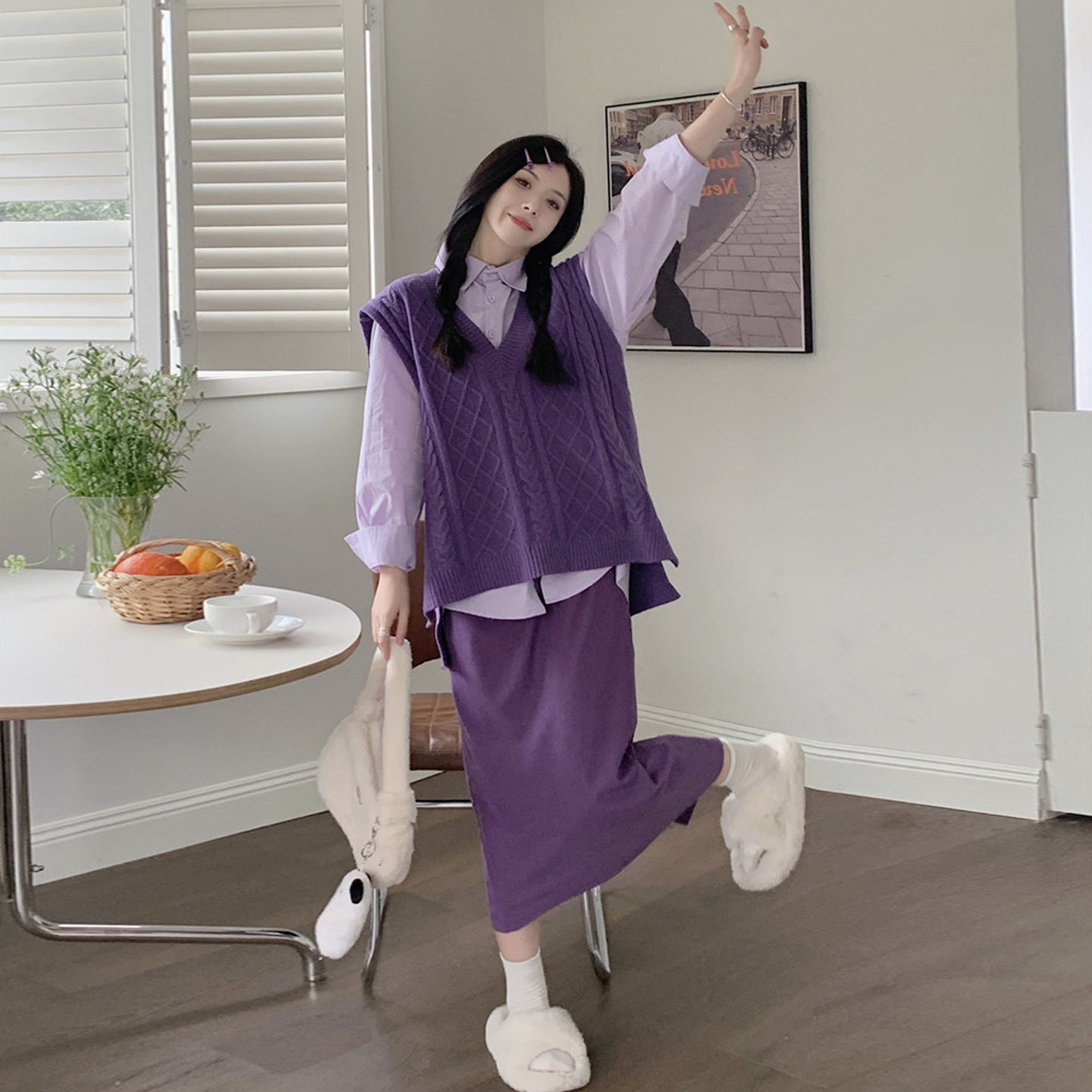 大码女装胖妹妹紫罗兰港风复古显瘦半身裙针织马甲衬衫三件套套装,女装/女士精品,大码套装,淘宝优惠券,粉丝福利购,淘宝优惠卷