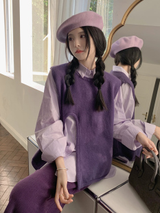 三件套套装 胖妹妹紫罗兰港风复古显瘦半身裙针织马甲衬衫 女装 大码
