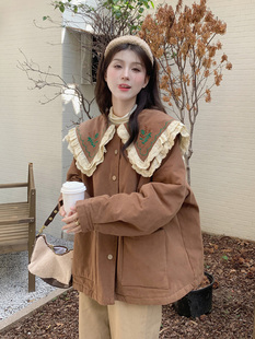 大码女装秋冬新款胖mm学院风双层娃娃领蕾丝边绣花薄款棉衣外套潮