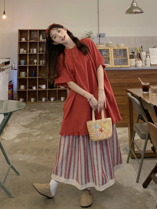 大码女装胖妹妹宽松显瘦中长款文艺衬衫蕾丝花边拼接半身裙套装夏