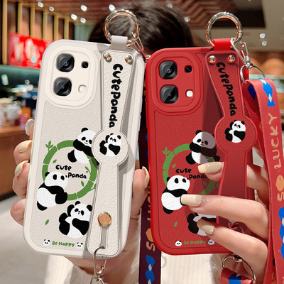 适用于oppoa6手机壳A6 5G卡通熊猫保护套女OPPO A6可斜挎腕带A6硅胶防摔小羊皮软壳全包边背带挂绳新款
