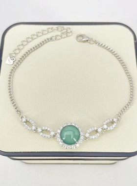 A货蓝水蛋面翡翠手链S925银冰透时尚百搭气质8mm链个性手链