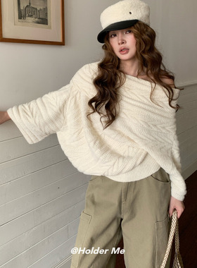 HOLDER十三行2025冬季新款宽松慵懒风百搭设计感一字肩保暖毛衣女