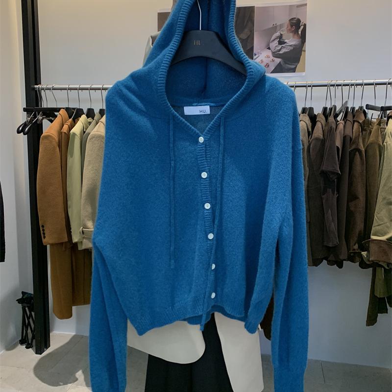 HU韩版蓝色时尚简约宽松慵懒叠穿毛衣2025秋冬季新款连帽针织开衫
