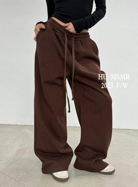 HU MSMR韩版气质高腰宽松百搭阔腿裤2023冬季新款加绒抽绳长裤女